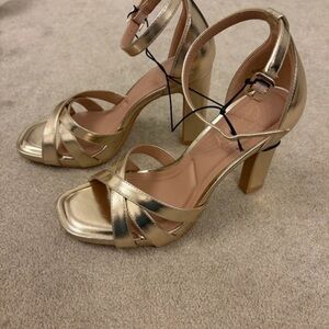 New Look Metallic Gold Cross-Strap Block Heel Sandals